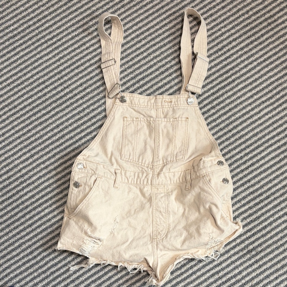 We The Free Cream Denim Short Overalls